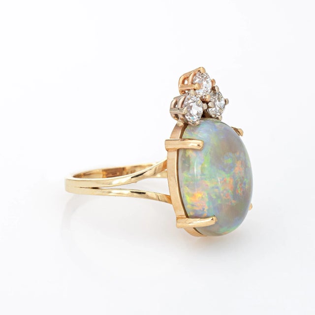 Modern Natural Opal Diamond Ring Vintage 14k Yellow Gold Oval Crown Jewellery size 5.75 For Sale - Image 3 of 7