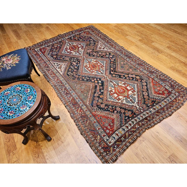 Vintage Persian Qashqai Tribal Area Rug, Hand-Knotted Wool, Geometric Medallions, 4x7, Navy & Red For Sale - Image 10 of 18