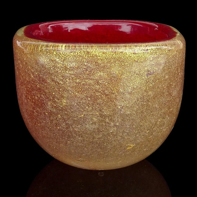 Beautiful vintage Murano hand blown Sommerso ruby red, bubbles and gold flecks Italian art glass decorative personal...