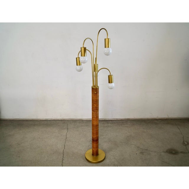 Mid-Century Modern 1970’s Mid-Century Modern Rattan & Gold Waterfall Floor Lamp For Sale - Image 3 of 12
