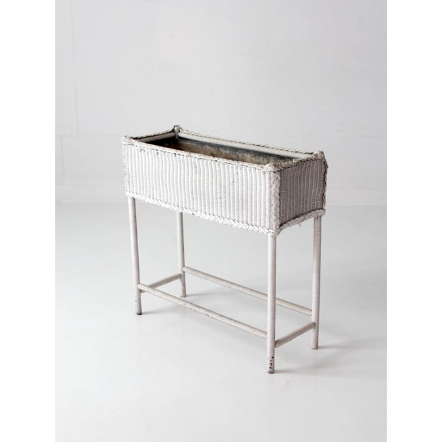 French Country Antique White Wicker Plant Stand With Removable Metal Liner For Sale - Image 3 of 18