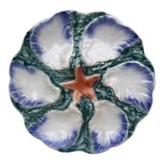 Majolica Oyster Blue Orange Starfish Plate Digoin, Circa 1900 For Sale