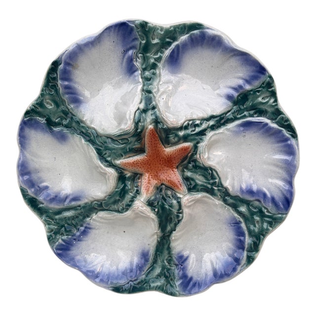 Majolica Oyster Blue Orange Starfish Plate Digoin, Circa 1900 For Sale