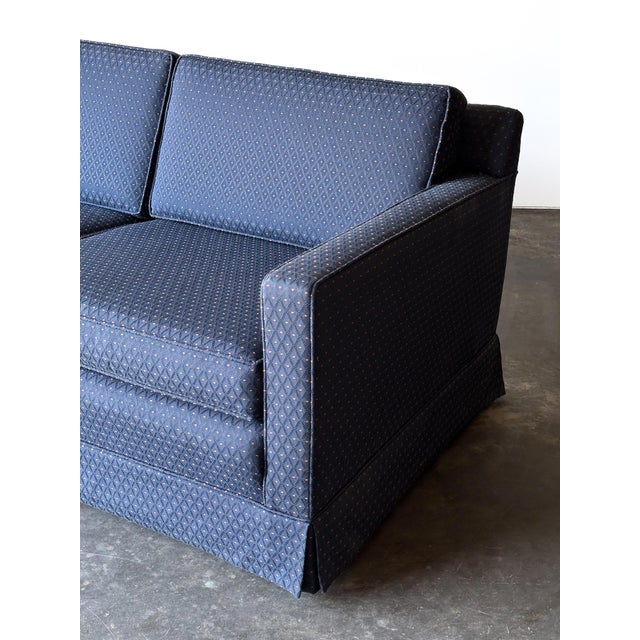 1960s Vintage Mid-Century Navy Jacquard Skirted Tuxedo Sofa For Sale - Image 11 of 18