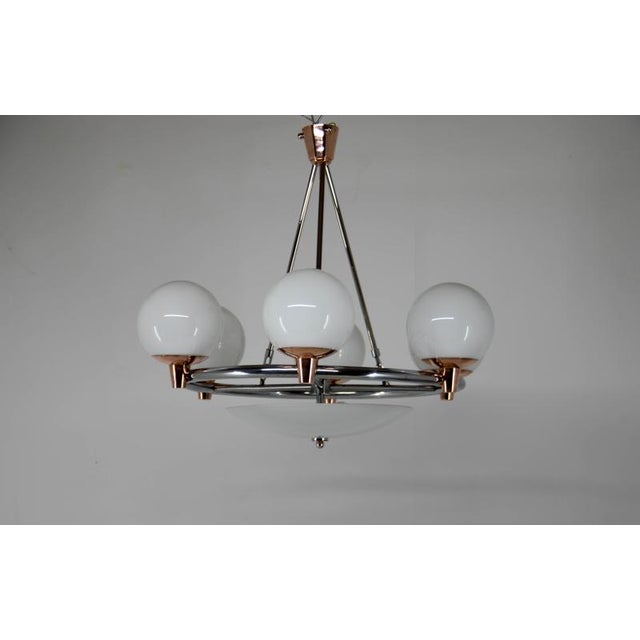 1930s Art Deco Chandelier in Chrome, Copper & Opaline Glass, Czech, 1930s For Sale - Image 5 of 18