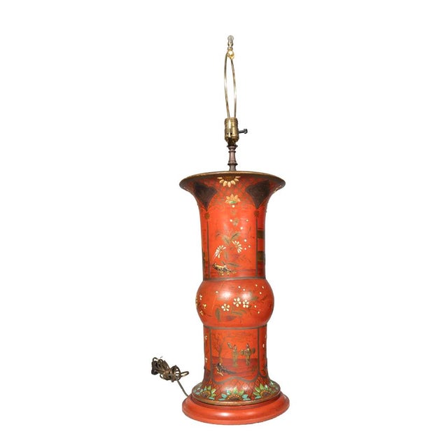 Rare Berlinware pottery vase mounted as a lamp. In the Chinese style with scarlet red decorated ceramic body in the...