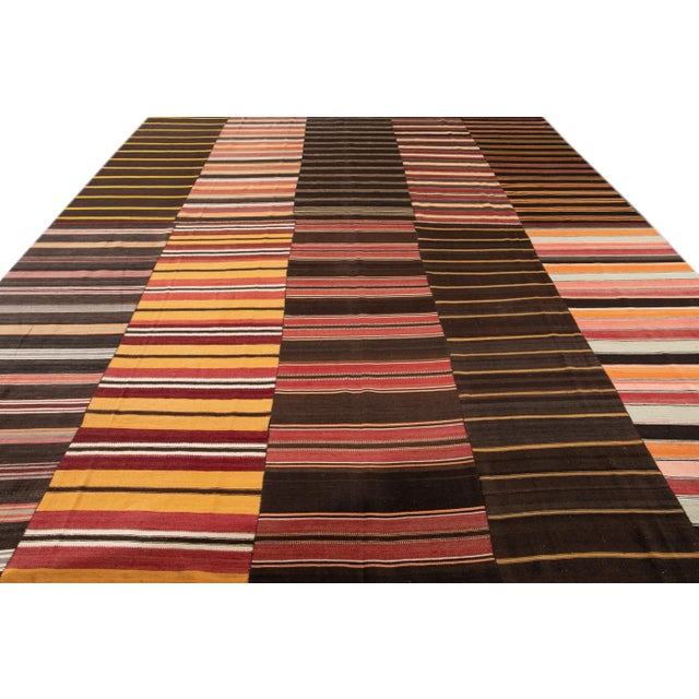 Abstract Mid-Century Kilim Handmade Striped Wool Rug For Sale - Image 3 of 11