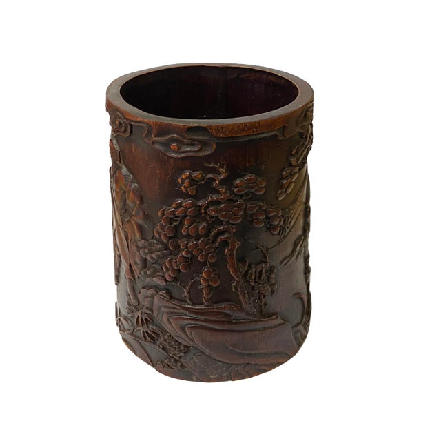 Chinese Chinese Bamboo Relief Scholars Motif Carving Brush Pen Holder Art For Sale - Image 3 of 7