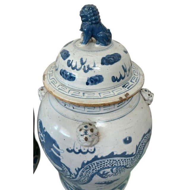 Extra Large Chinoiserie Blue and White Dancing Dragon Ginger Jars - A Pair For Sale - Image 4 of 7