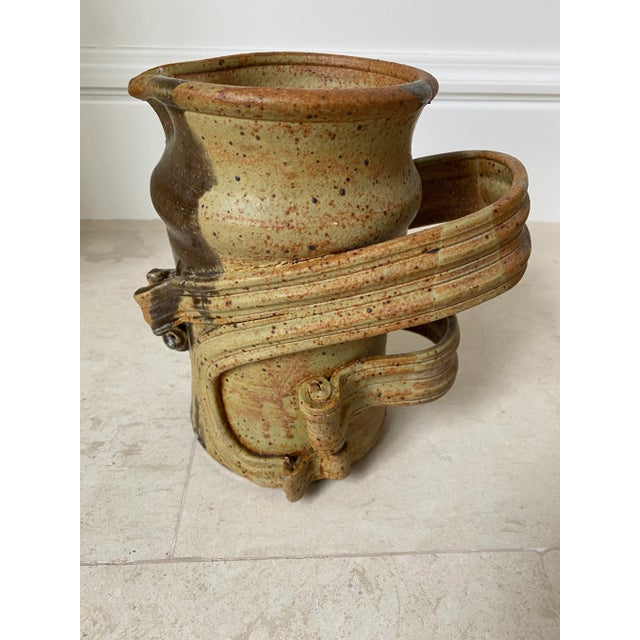 1970’s Vintage Brutalist Large Handmade Pottery Handled Vessel For Sale - Image 4 of 15