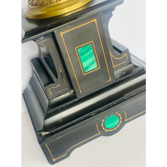Antique Late 19th C. French Napoleon Ill Bronze Urn With Grecian Statuary on Stone Pedestal, Malachite Insets & Incised Gilt String-Work- a Pair. For Sale - Image 10 of 12