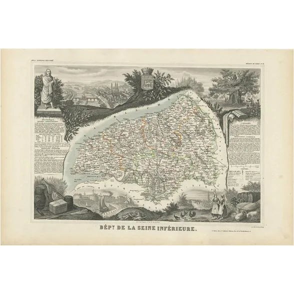 Antique Map of Seine Inférieure in France attributed to V. Levasseur, 1854 For Sale