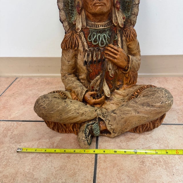 Vintage 1973 Hand Carved Wood Native American Indian Chief Statue 24" Signed For Sale - Image 11 of 14