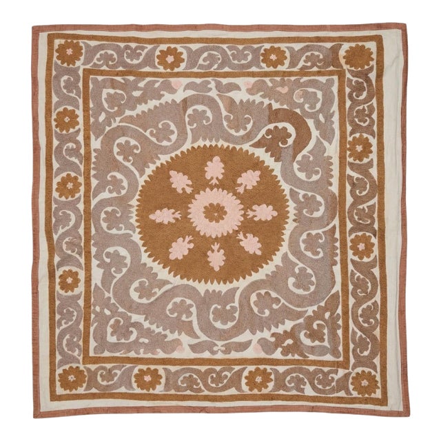 Neutral Tan Asian Suzani Tribal Textile For Sale