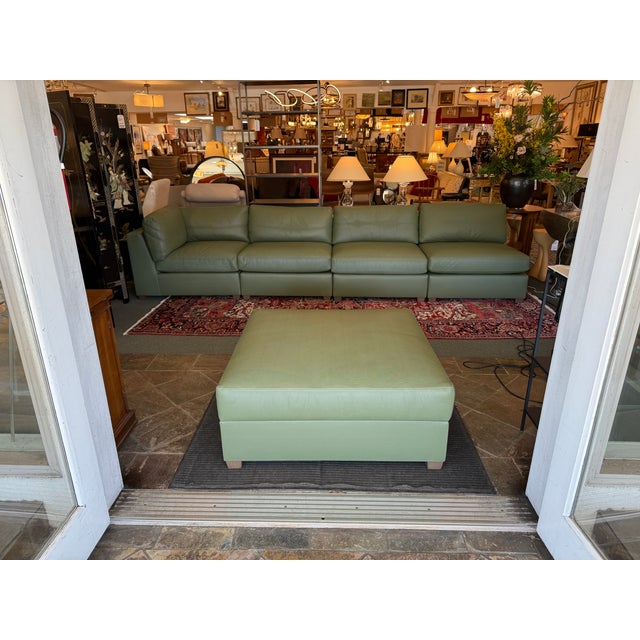 Fitzgerald Modular Teal Leather Sofa With Storage Ottoman, Set For Sale - Image 10 of 17