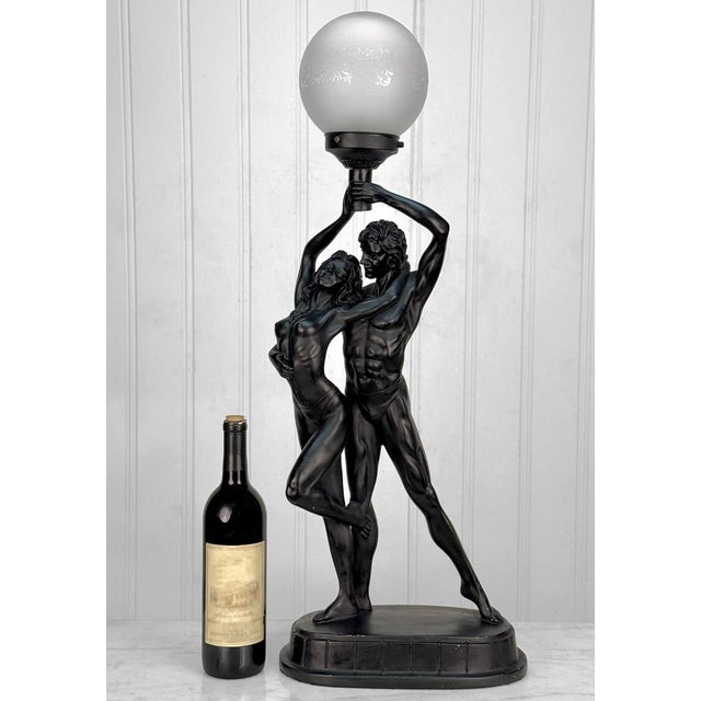 - 1980’s Neo-Art Deco Figural Nude Man & Women Lamp - Metal Base with Original Matte Black Finish - Original Frosted Glass...