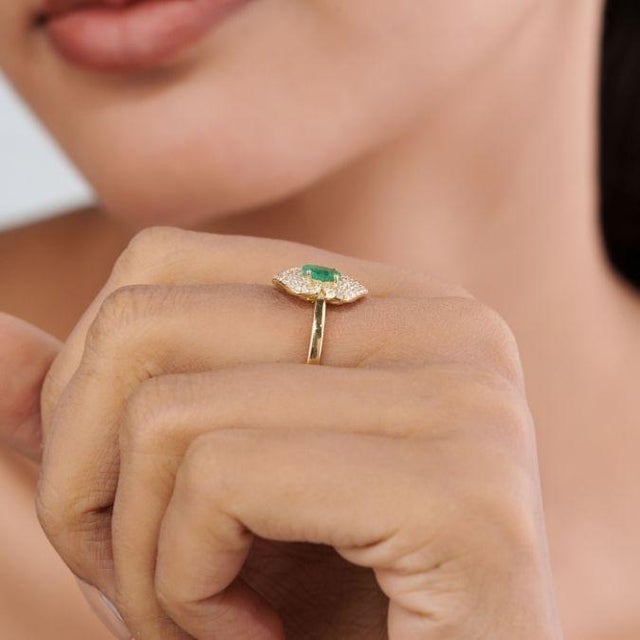 19th Revival Style Emerald Art Deco Ring With Cluster Diamonds Size 9 in 14k Gold For Sale - Image 10 of 17