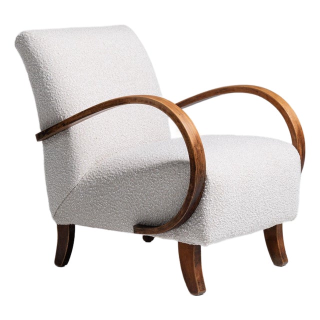 20th Century Czech Republic Warm Ivory Boucle Bentwood-Arm Lounge Chair For Sale