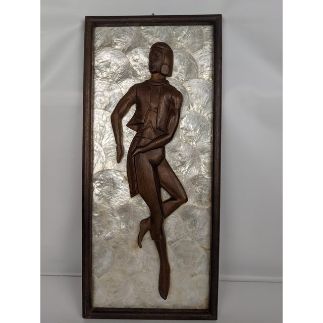 Pair Mid-Century Modern Hand-Carved Wood Figural Relief Wall Panels on Shimmering Capiz Shell Grounds For Sale - Image 4 of 18