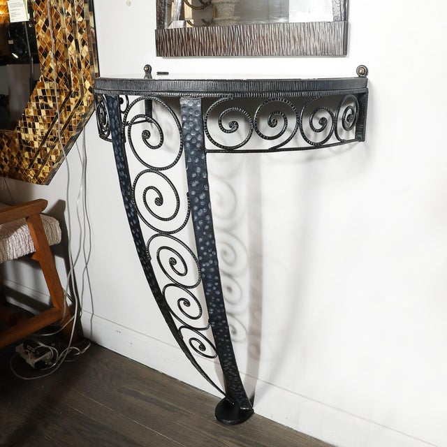 Art Deco Demilune Wrought Iron Spiral Motif & Porto Marble Inset Console Table For Sale - Image 12 of 13