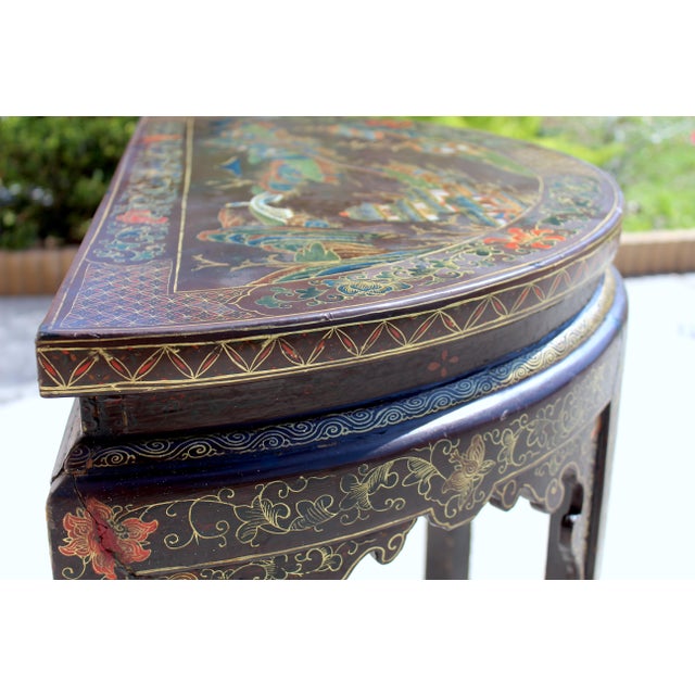 Antique 19th Century Chinese Brown Lacquer Demi-Lune Console Table | Hand-Painted Gilt Decor For Sale - Image 13 of 17