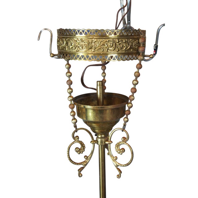 Victorian Antique Victorian Brass Filligree Acanthus 1 Light Parlor Drop Pendant 19" For Sale - Image 3 of 8