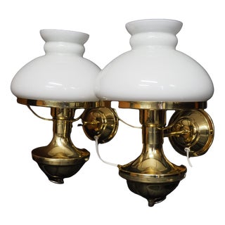 Vintage Swedish Brass and Opal Glass Wall Lamps from Ikea, 1980s, Set of 2 For Sale