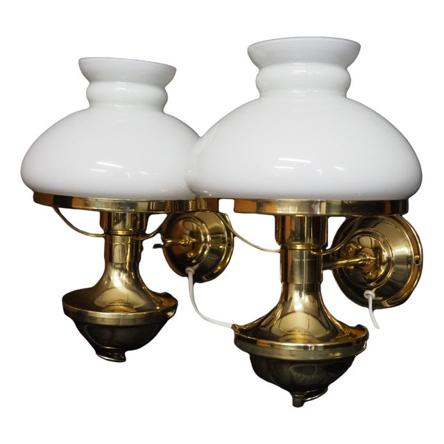 Vintage Swedish Brass and Opal Glass Wall Lamps from Ikea, 1980s, Set of 2 For Sale