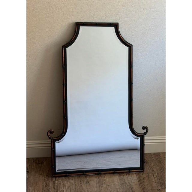 Chinoiserie Pair Uttermost Black & Bronze Faux Bamboo Pagoda Mirrors For Sale - Image 3 of 8