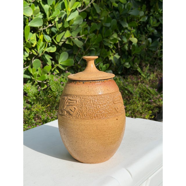 Vintage 10” Handcrafted Lidded Studio Pottery Vessel With Incised Motif For Sale In Naples, FL - Image 6 of 12