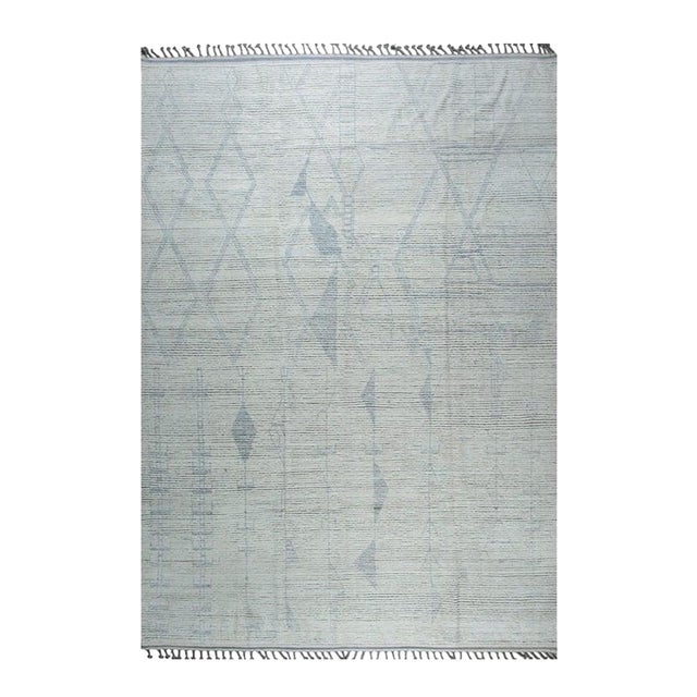 9x13 Ivory Hand-Knotted Wool Faded Diamond Tribal Carpet Rug For Sale