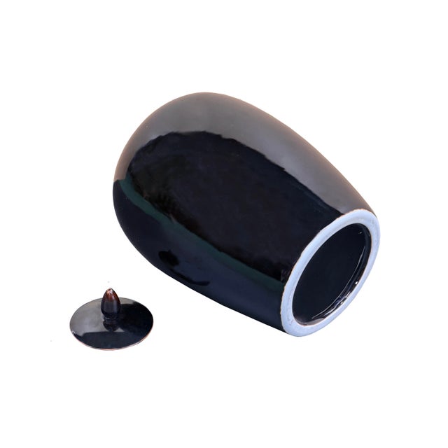 Black Monochrome Minimalistic Ovoid Round Teardrop Finial Lid Ceramic Jar For Sale In San Francisco - Image 6 of 7