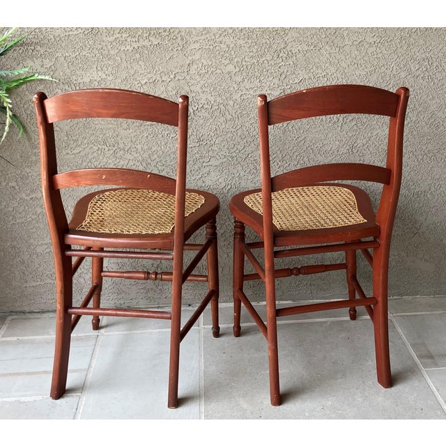 1920s Circa 1920 Solid Oak Wood & Cane Seat Two-Rung Curved Ladderback Accent Chairs – A Pair For Sale - Image 5 of 18