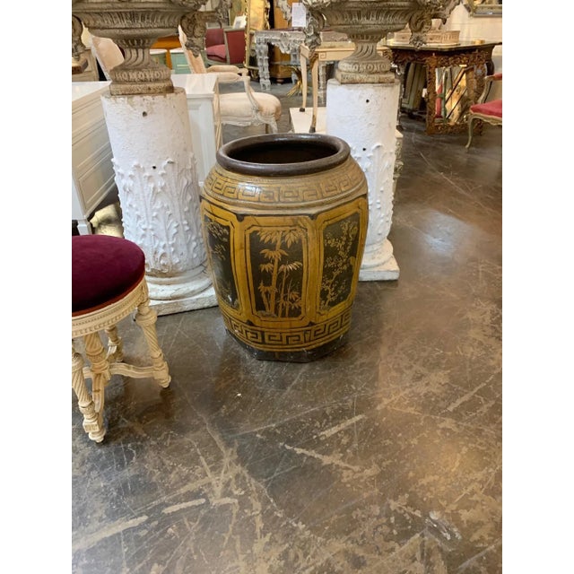Decorative large scale glazed oriental urn with beautiful garden images. Makes a fabulous accessory!!