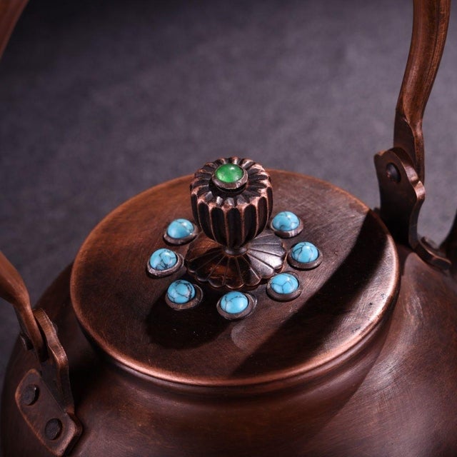 Copper Vintage Hand-Hammered Copper Teapot With Gemstone Inlay and Cloud Motif For Sale - Image 8 of 9