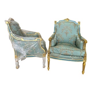 French Louis XV Style Blue-Green Bergere Wing Chair Set of 2 Chairs For Sale