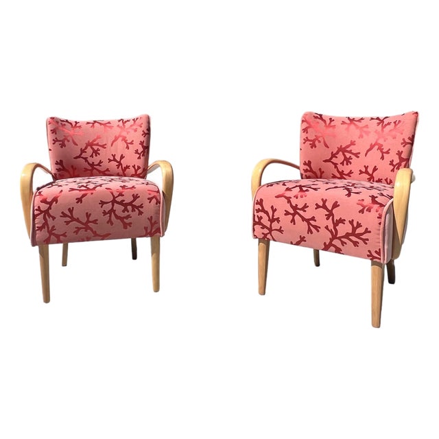 Vintage Mid Century Modern Pair Heywood Wakefield Lounge Pink Velvet Armchairs Restored Art Deco Model M340c For Sale