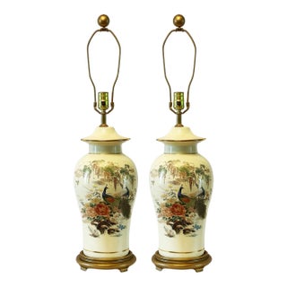 Vintage Chinoiserie-Style Tall Ginger Jar Lamps With Peacocks, Peonies, & Wisteria - A Pair For Sale