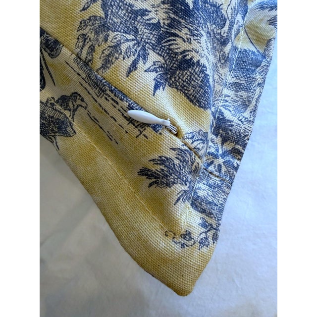 A Pair of Custom Butter Yellow and Blue Toile Pillow Shams For Sale - Image 9 of 10