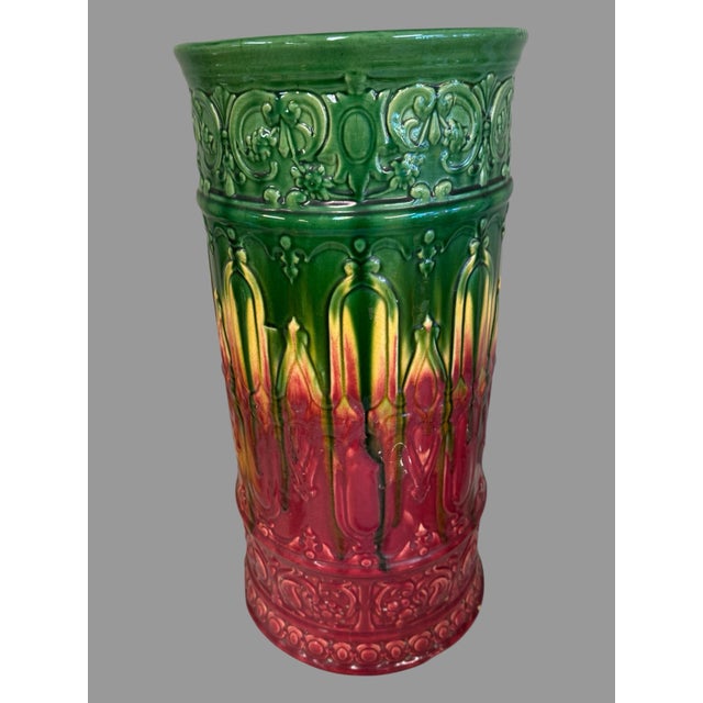 Mid 20th Century Blended Majolica Multi Colored Drip Glazed Art Pottery 21.5" Umbrella Stand For Sale - Image 10 of 10