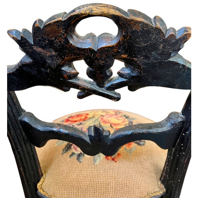 Antique 19th Century Hand-Carved Ebonized Faux Bois Aesthetic Movement Boudoir Vanity Side Chair With Floral Needlepoint Seat For Sale - Image 9 of 16