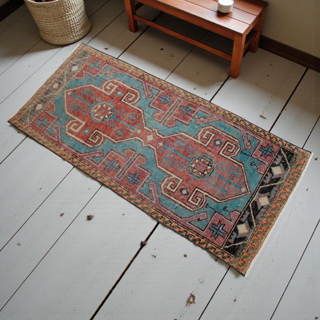 Vintage Turkish hand-knotted small rug from Chal (Denizli), 1970, featuring warm terracotta tones and authentic village...