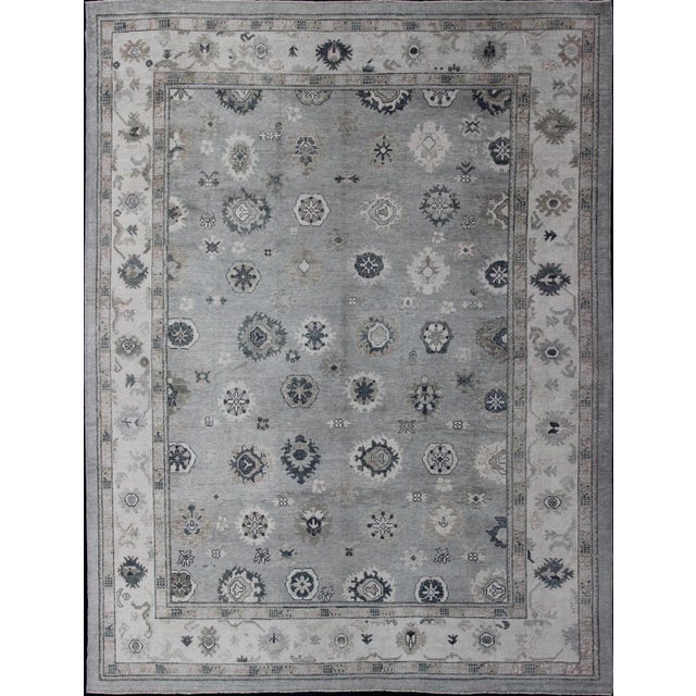 Turkish Oushak Rug in Gray, Blue and Neutral Color Palette in All-Over Flower Design For Sale - Image 13 of 13