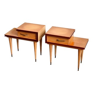 Mid-Century French Bedside Tables in Beech & Brass, 1960s, Set of 2 For Sale
