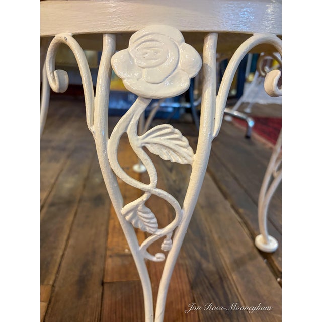 Traditional Vintage 1960s 5-Piece White Cast Iron and Marble Patio Set With Bright Yellow, Vinyl Seat and Back Cushions For Sale - Image 3 of 10