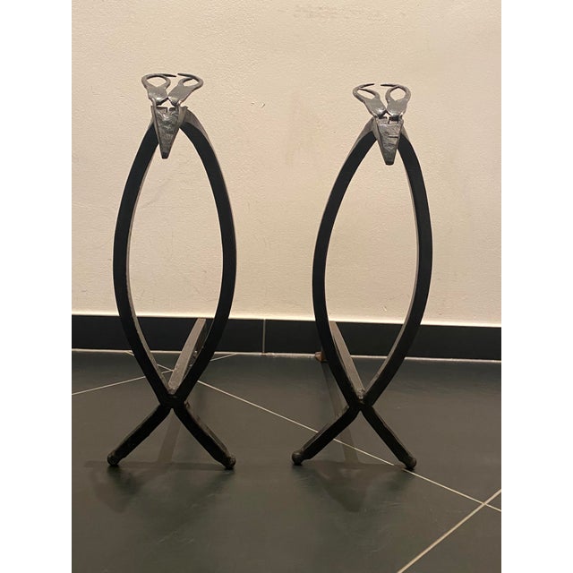 Pair of fireplace brackets in the shape of stag heads / mythical creatures, France circa 1940, hand-forged iron, beautiful...