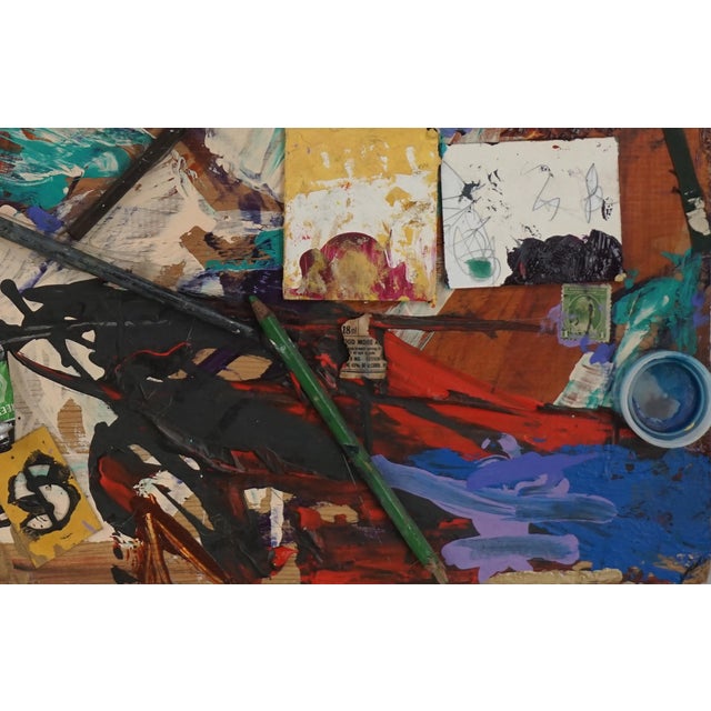Abstract expressionist assemblage with found objects typical of an artist's studio floor by Bay Area artist Michael Pauker...