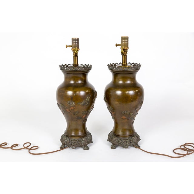 Late 19th Century Meiji Japanese Cast Bronze Relief Chrysanthemum & Birds Lamps - a Pair For Sale - Image 9 of 13