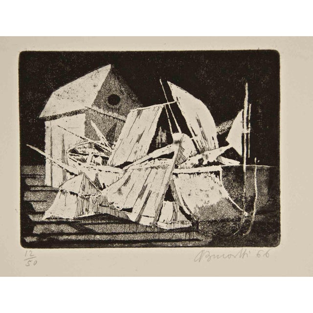 Armando Buratti, Wreck and Hut, Etching, 1966 For Sale