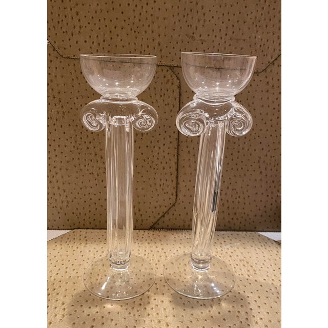 1980s Pair of 1980s Hand Blown Glass Candlesticks, Corinthian Column Style Fluted Glass With Candle Cup Holder on Top For Sale - Image 5 of 9